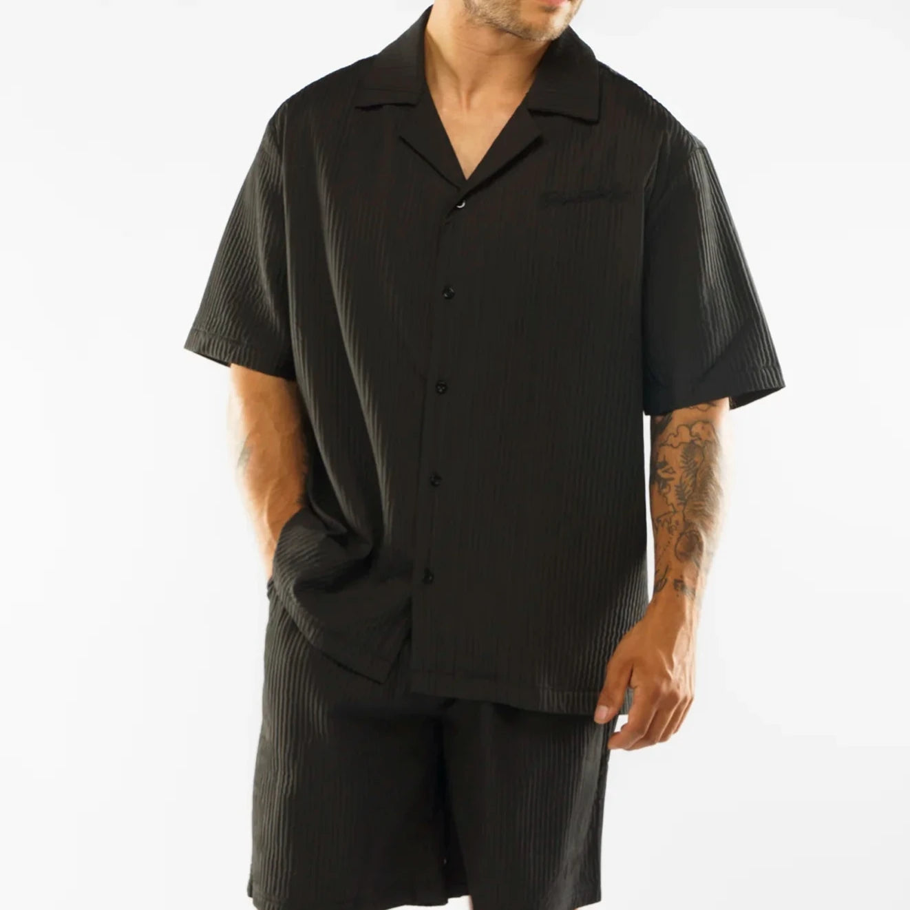 Pleated Satin Shirt - Black